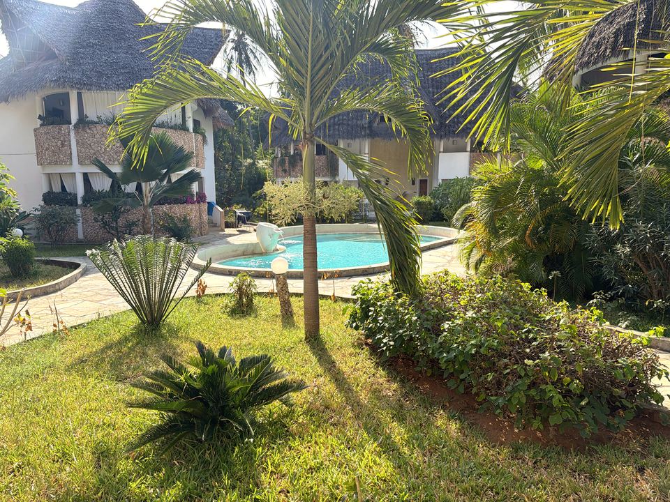 Giardino tropicale con palme e la piscina sullo sfondo